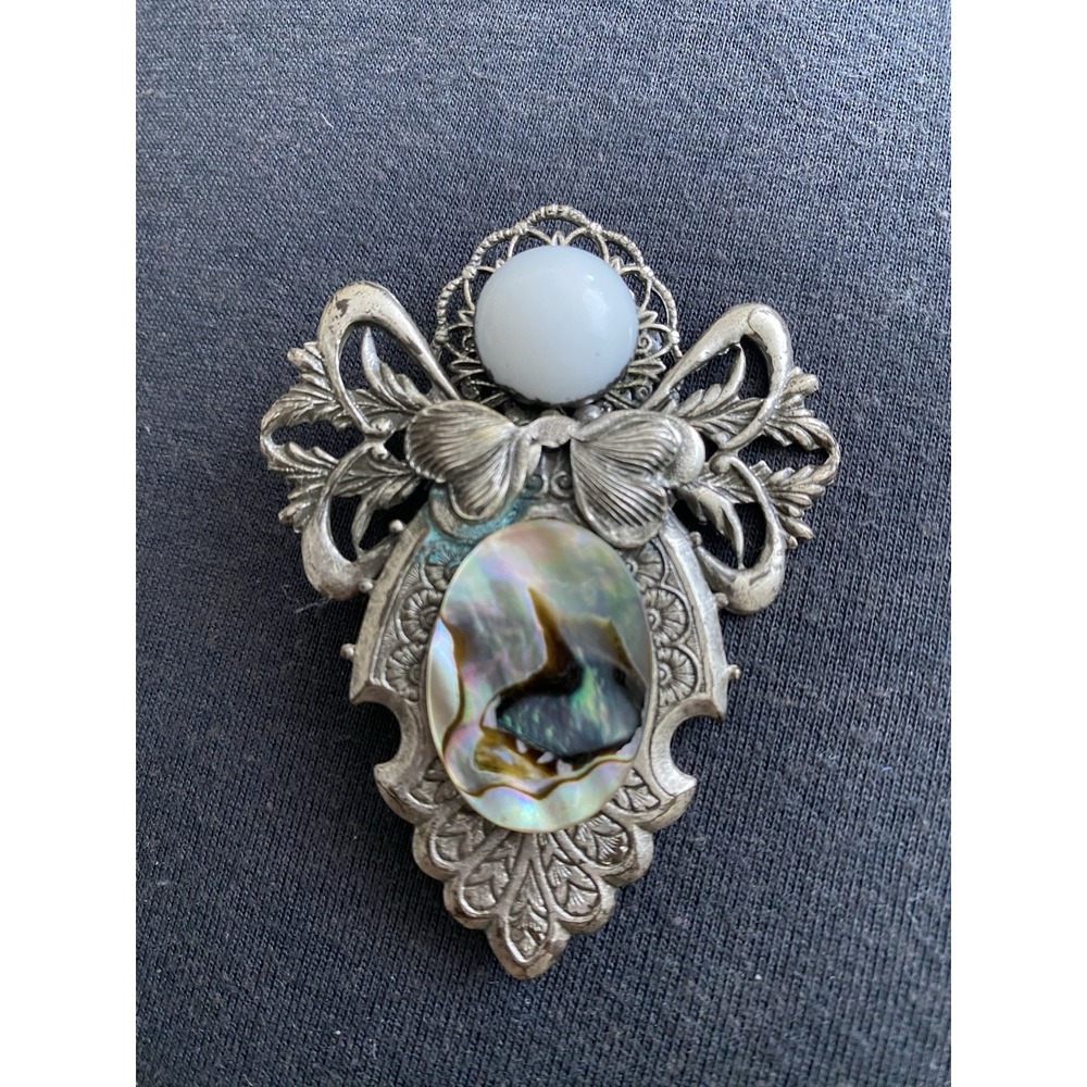 1999 Jane Angel Silvertone Abalone Shell Signed Brooch Spiritual Guardian Charm